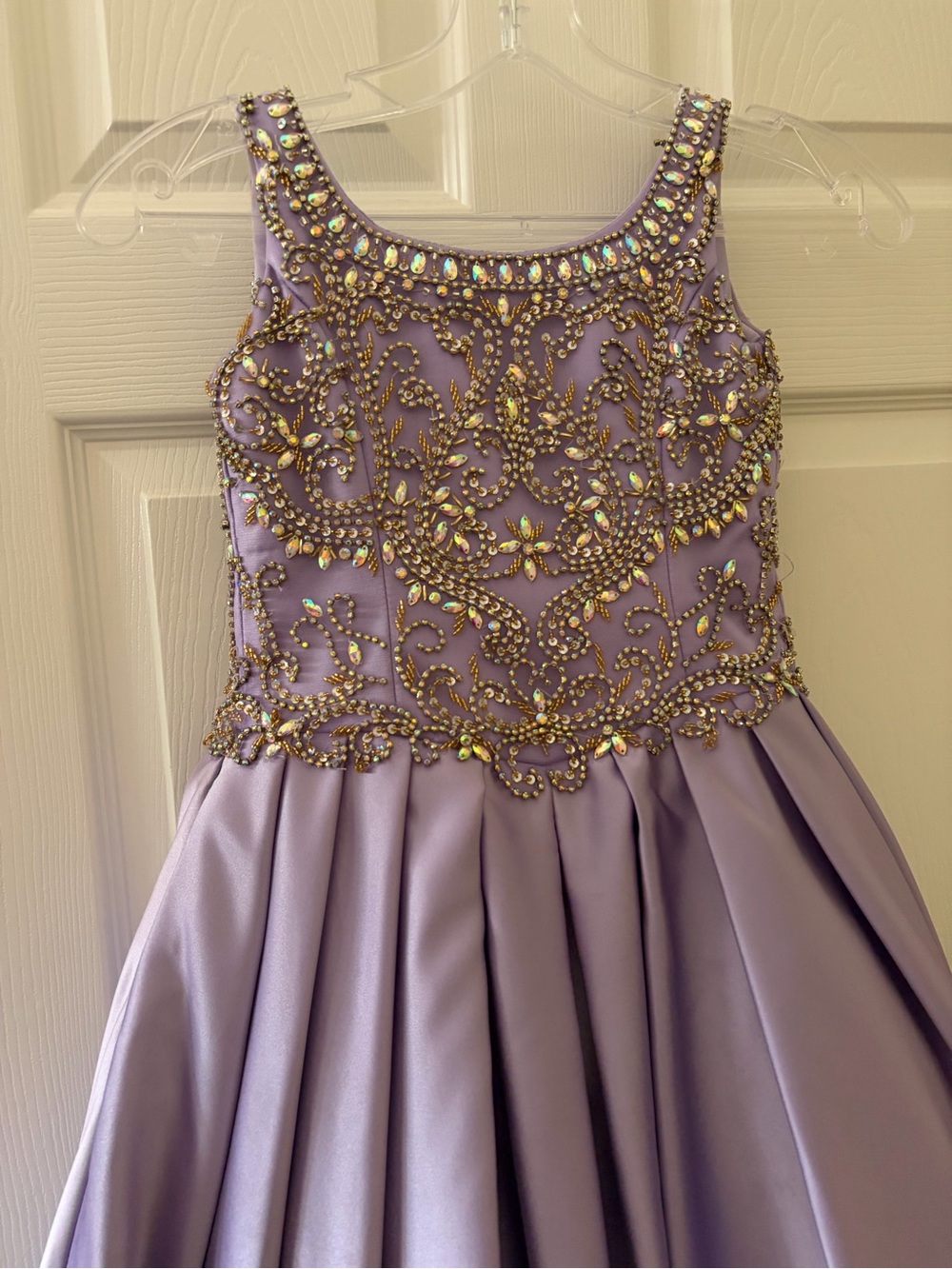 Tiffany Designs Lavender Satin Dress with Gold Crystal Embellishment/Corset Back